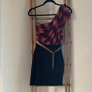 bebe One-Shoulder Red and Black Dress